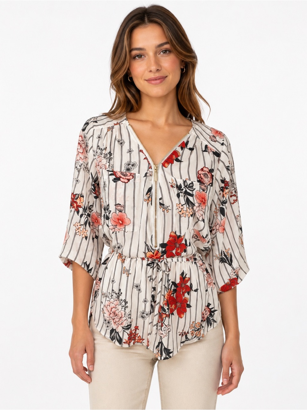 Streetwear Society Floral Stripe Zip Front Blouse Small Boho